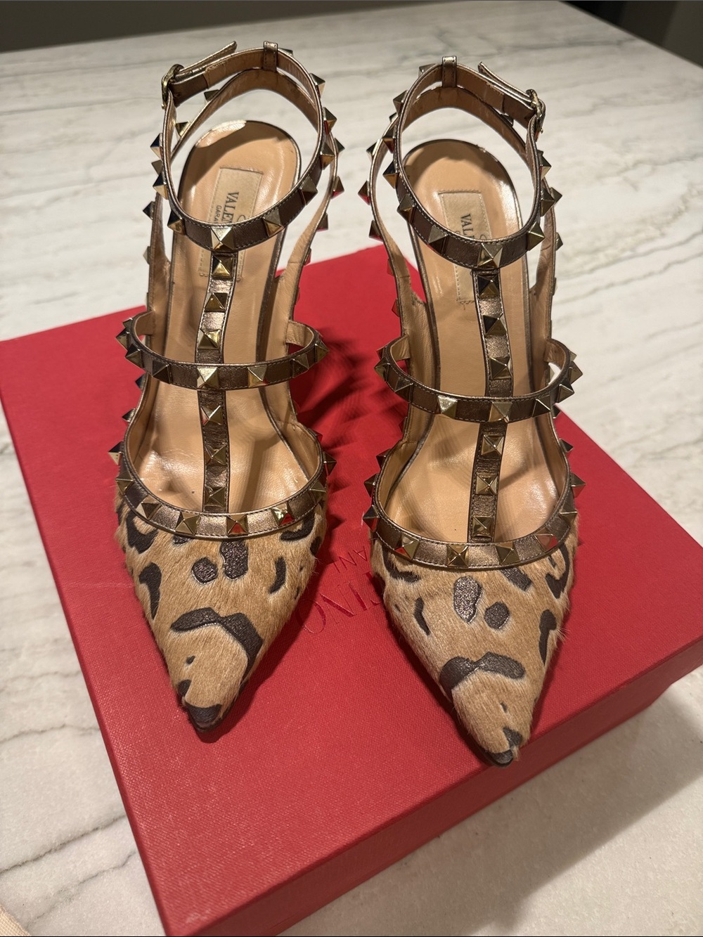 Valentino Garavani Leopard Haircalf T-Strap Pumps with Gold Studs